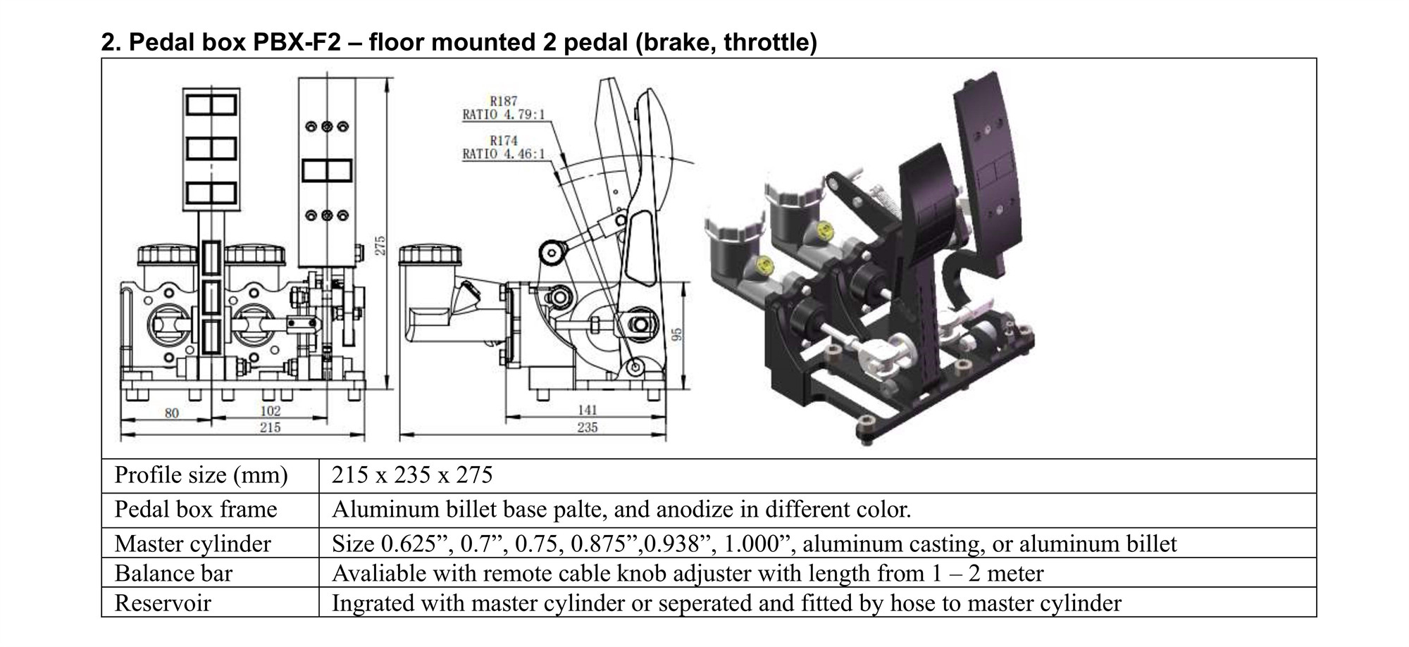 Pedal box PBX-F2 -floor mounted 2 pedals brake & throttle