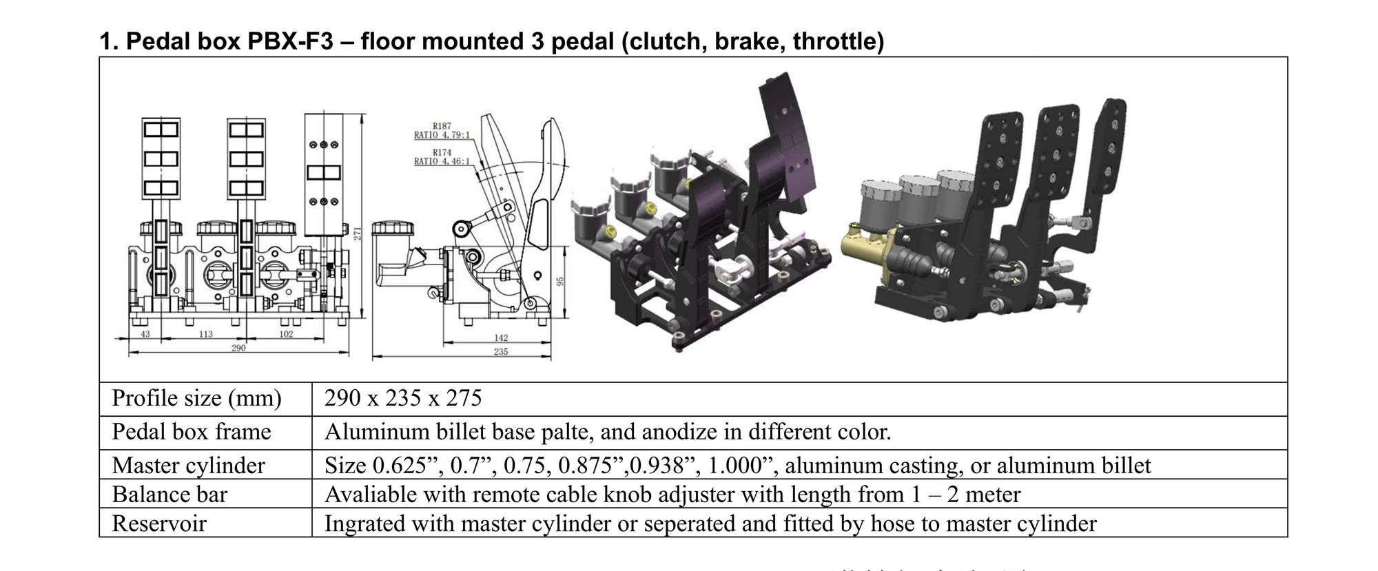 Pedal box PBX-F3 floor mount 3 pedals with bearing master cylinders
